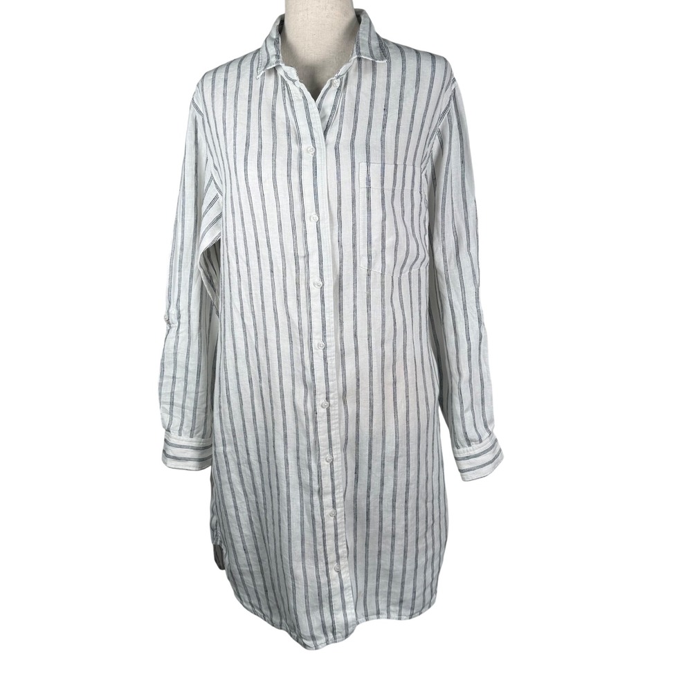 Quince Linen Shirt Dress Womens Medium White Black Striped Coastal Button Front